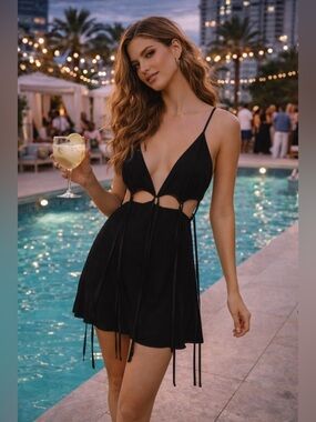 Just Bee Queen Black Cutout Waist Tie Back Mini Dress SZ M Strappy Party